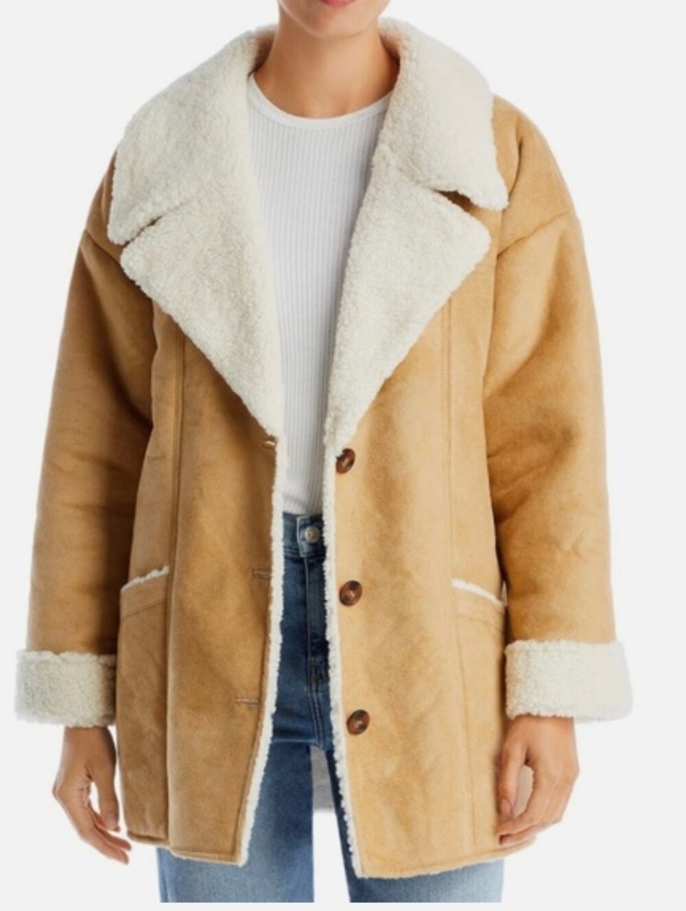 Free People Diogo Faux-Suede Sherpa Coat Toasted Almond/ Ivory Combo